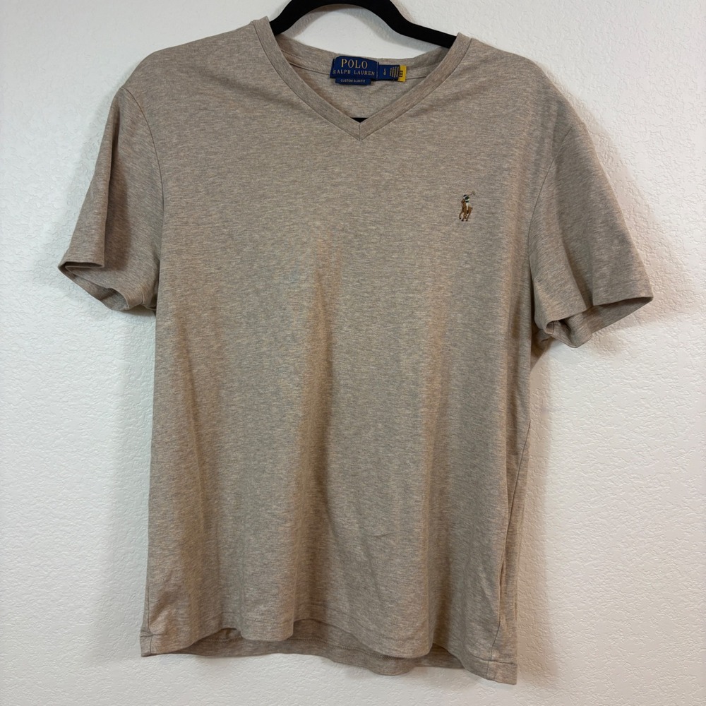 Polo Ralph Lauren V-Neck T-Shirt Men Large Tan Custom Slim Fit Cotton preppy